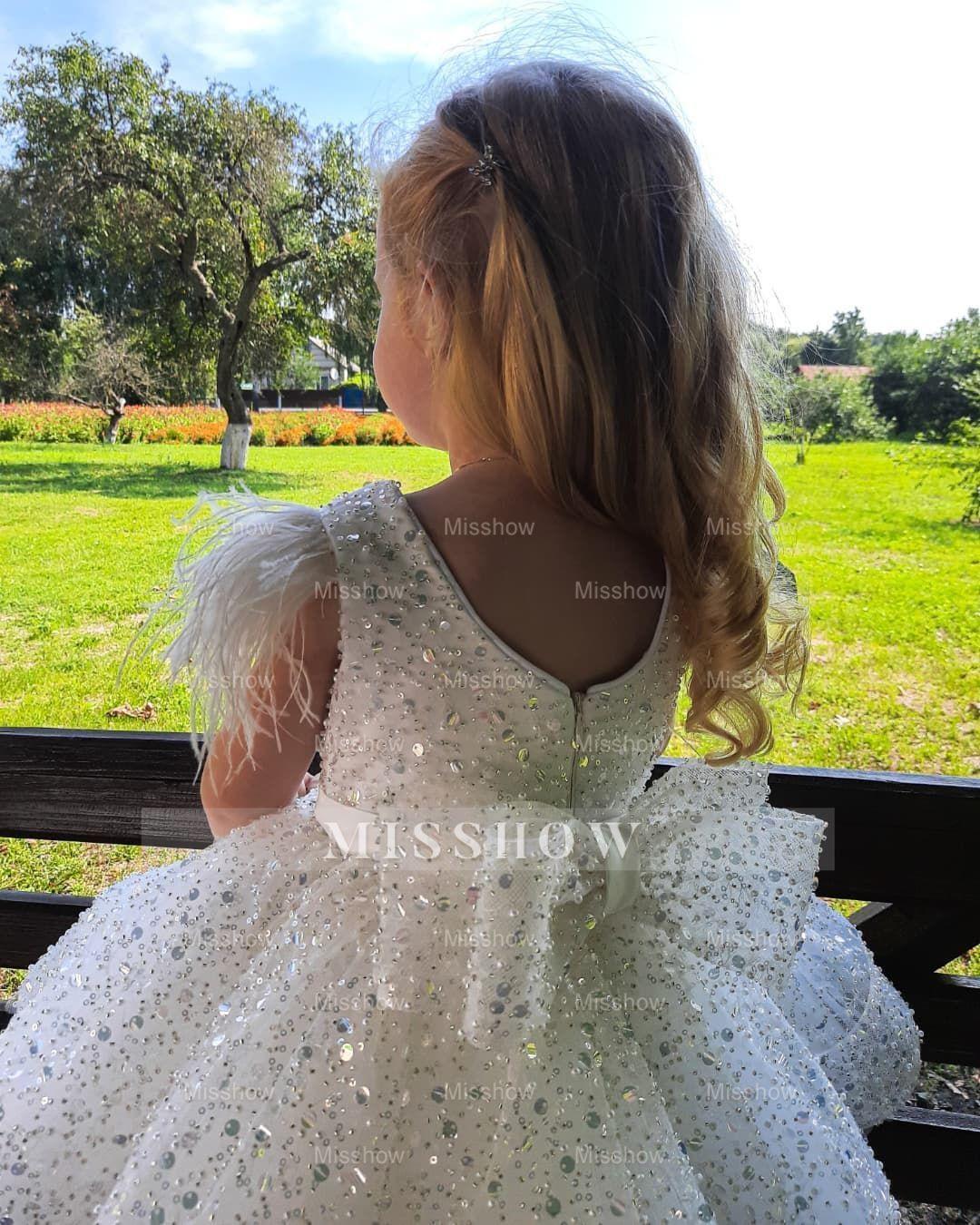 White V-Neck Sleeveless Sequined Flower Girls Dresses