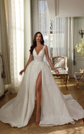White V-neck Sleeveless Sequined Split Wedding Dress With Train