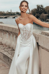 White Wedding Dress Strapless Sweetheart Sheer Illusion Boned Corset White Floral Lace Embroidery Scattered Pearl Rhinestone Lace-Up Front Minimalist Stretch Satin Mermaid with Detachable Oversized Satin Ball Gown Overskirt Cathedral Train Bridal Gown