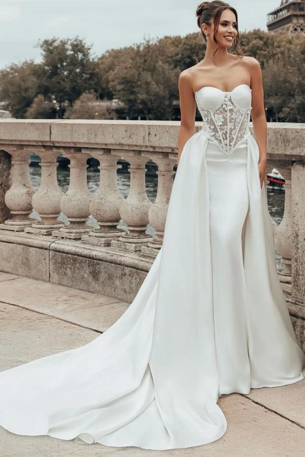 White Wedding Dress Strapless Sweetheart Sheer Illusion Boned Corset White  Floral Lace Embroidery Scattered Pearl Rhinestone Lace-Up Front Minimalist  Stretch Satin Mermaid Detachable Oversized Satin Ball Gown Overskirt  Cathedral Train | Misshow