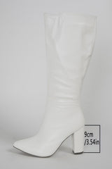 White Wide Calf Pointed Toe Knee High Chunky Heel Boots