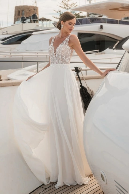 Wide Illusion Strap Deep V 3D Small Floral Vine Embroidery Corset Open V Low Back Flowing Chiffon A-Line Wedding Dress