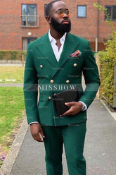 William Dark Green Double Breasted Peak Lapel Best Fit Prom Suits
