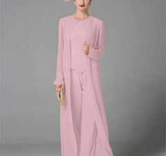 Chiffon Long Sleeves Mother Of The Bride Pantsuits With Jacket Sequins