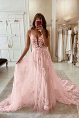 Blushing pink v-neck applique a-line wedding dress