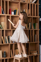 Champagne Lace Square Neck Sleeveless Floral Embroidery A-Line Knee Length Puffy Flower Girl Dresses