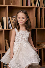Champagne Lace Square Neck Sleeveless Floral Embroidery A-Line Knee Length Puffy Flower Girl Dresses