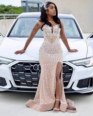 Champagne Mermaid Evening Dress Strapless Sweetheart Sheer Corset Crystal Beading Sequin High Slit Sweep Train Formal Gown
