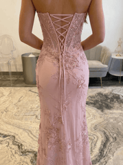 Dusty Pink Glitter Lace Mermaid Prom Dress Strapless Sweetheart Illusion Cage Corset Bodice High Slit Lace-Up Back Floor Length