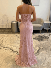 Dusty Pink Glitter Lace Mermaid Prom Dress Strapless Sweetheart Illusion Cage Corset Bodice High Slit Lace-Up Back Floor Length