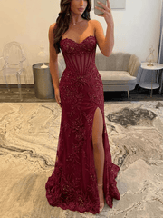 Dusty Pink Glitter Lace Mermaid Prom Dress Strapless Sweetheart Illusion Cage Corset Bodice High Slit Lace-Up Back Floor Length