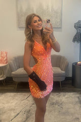 V-Neck Spaghetti Straps Sequin Homecoming Dress Open Back Bodycon Mini Sunburst