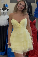 Sweetheart Tiered Ruffle Homecoming Dress Spaghetti Straps Bow Waist Open Back Short Mini