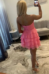 Sweetheart Tiered Ruffle Homecoming Dress Spaghetti Straps Bow Waist Open Back Short Mini