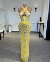Yellow Beaded Halter Mermaid Evening Gown for Formal Events