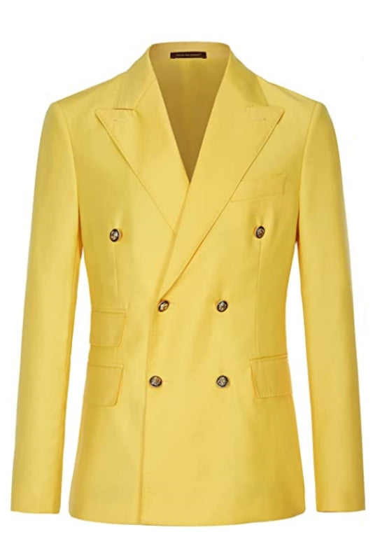 Yellow Double-Breasted Peaked Lapel Close-Fitting Prom Suit
