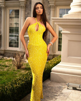 Yellow Halter Sleeveless Mermaid Sequined Open Back Floor Length Formal Evening Gown