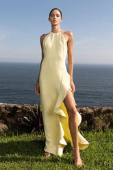 Yellow High Neck Sleeveless Backless Column Satin Ruffled High Slit Formal Evening Gown