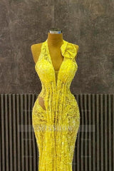 Yellow Lace Halter Neck Sleeveless Mermaid Long Formal Dress With Ruffles