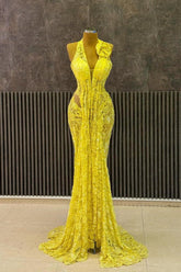 Yellow Lace Halter Neck Sleeveless Mermaid Long Formal Dress With Ruffles