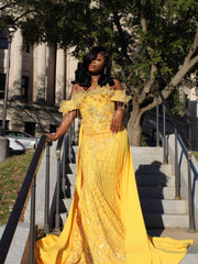 Yellow Lace Mermaid Prom Dress Off Shoulder 3D Floral Crystal Fringe Sparkly Evening Gown with Detachable Train