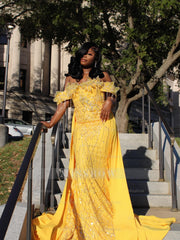 Yellow Lace Mermaid Prom Dress Off Shoulder 3D Floral Crystal Fringe Sparkly Evening Gown with Detachable Train