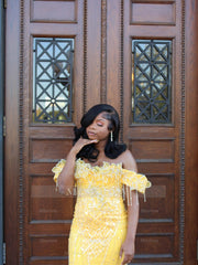 Yellow Lace Mermaid Prom Dress Off Shoulder 3D Floral Crystal Fringe Sparkly Evening Gown with Detachable Train