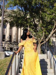 Yellow Lace Mermaid Prom Dress Off Shoulder 3D Floral Crystal Fringe Sparkly Evening Gown with Detachable Train