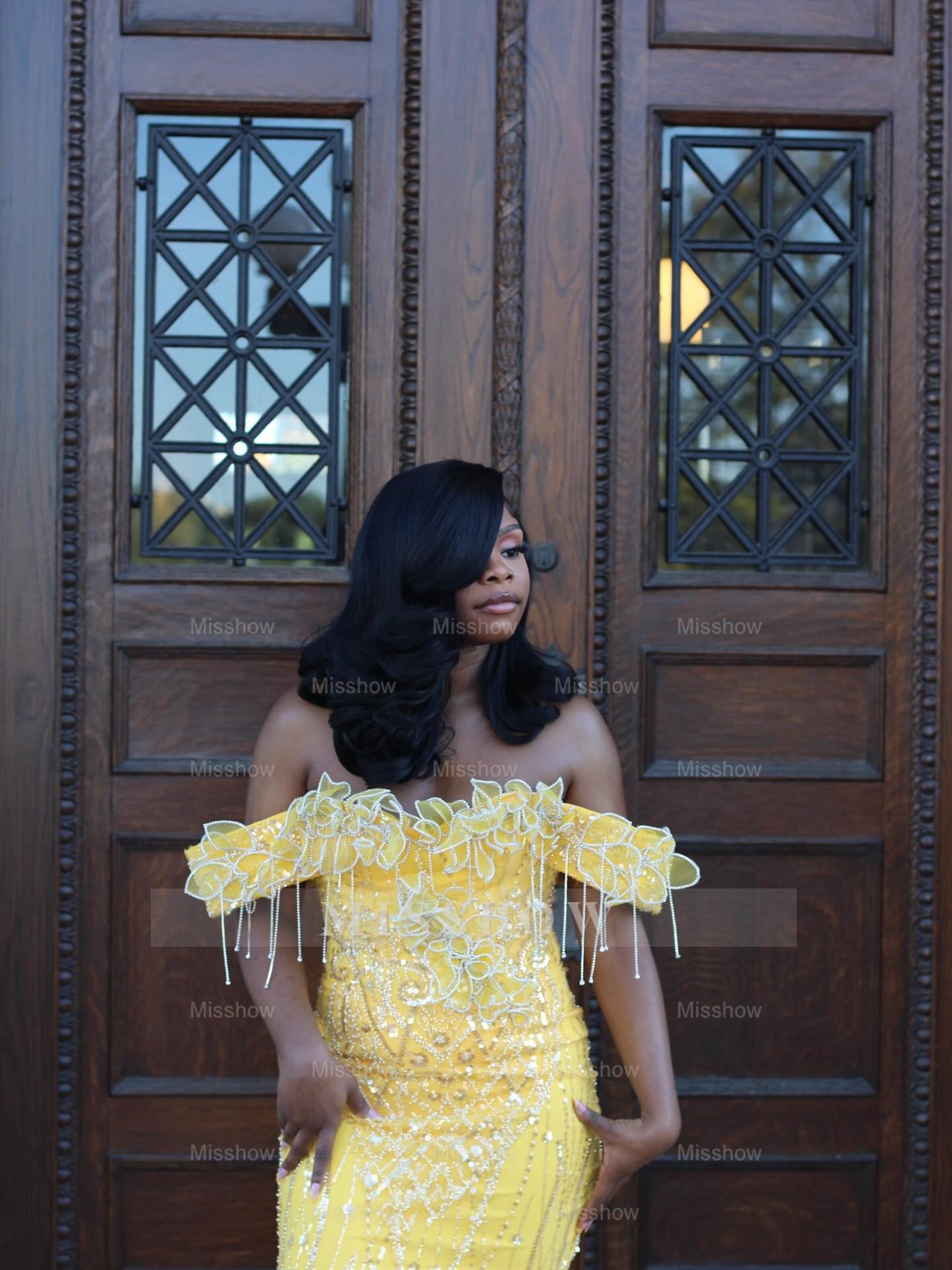 Yellow Lace Mermaid Prom Dress Off Shoulder 3D Floral Crystal Fringe Sparkly Evening Gown with Detachable Train