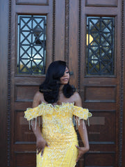 Yellow Lace Mermaid Prom Dress Off Shoulder 3D Floral Crystal Fringe Sparkly Evening Gown with Detachable Train