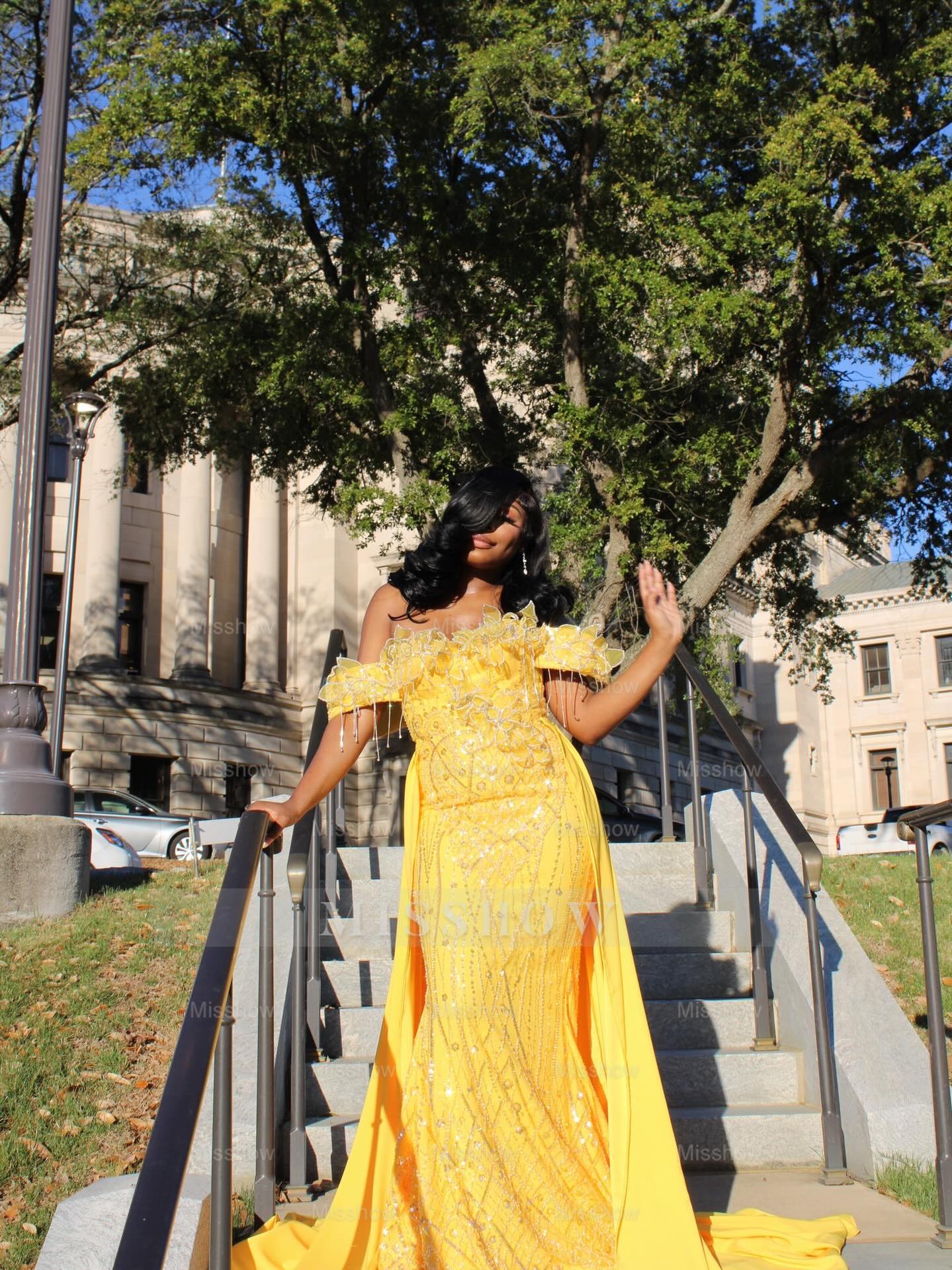 Yellow Lace Mermaid Prom Dress Off Shoulder 3D Floral Crystal Fringe Sparkly Evening Gown with Detachable Train