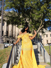 Yellow Lace Mermaid Prom Dress Off Shoulder 3D Floral Crystal Fringe Sparkly Evening Gown with Detachable Train