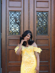 Yellow Lace Mermaid Prom Dress Off Shoulder 3D Floral Crystal Fringe Sparkly Evening Gown with Detachable Train