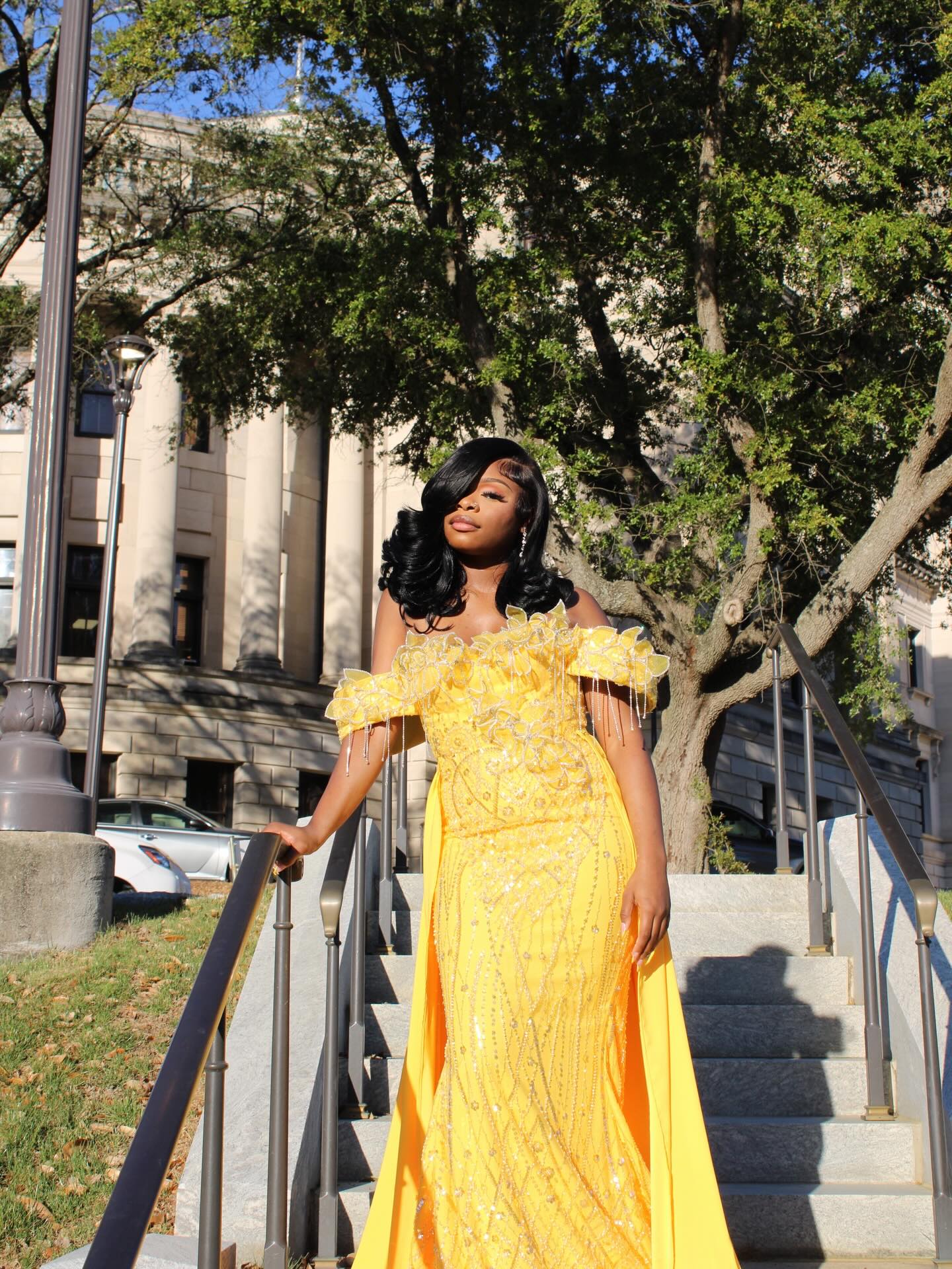 Yellow Lace Mermaid Prom Dress Off Shoulder 3D Floral Crystal Fringe Sparkly Evening Gown with Detachable Train