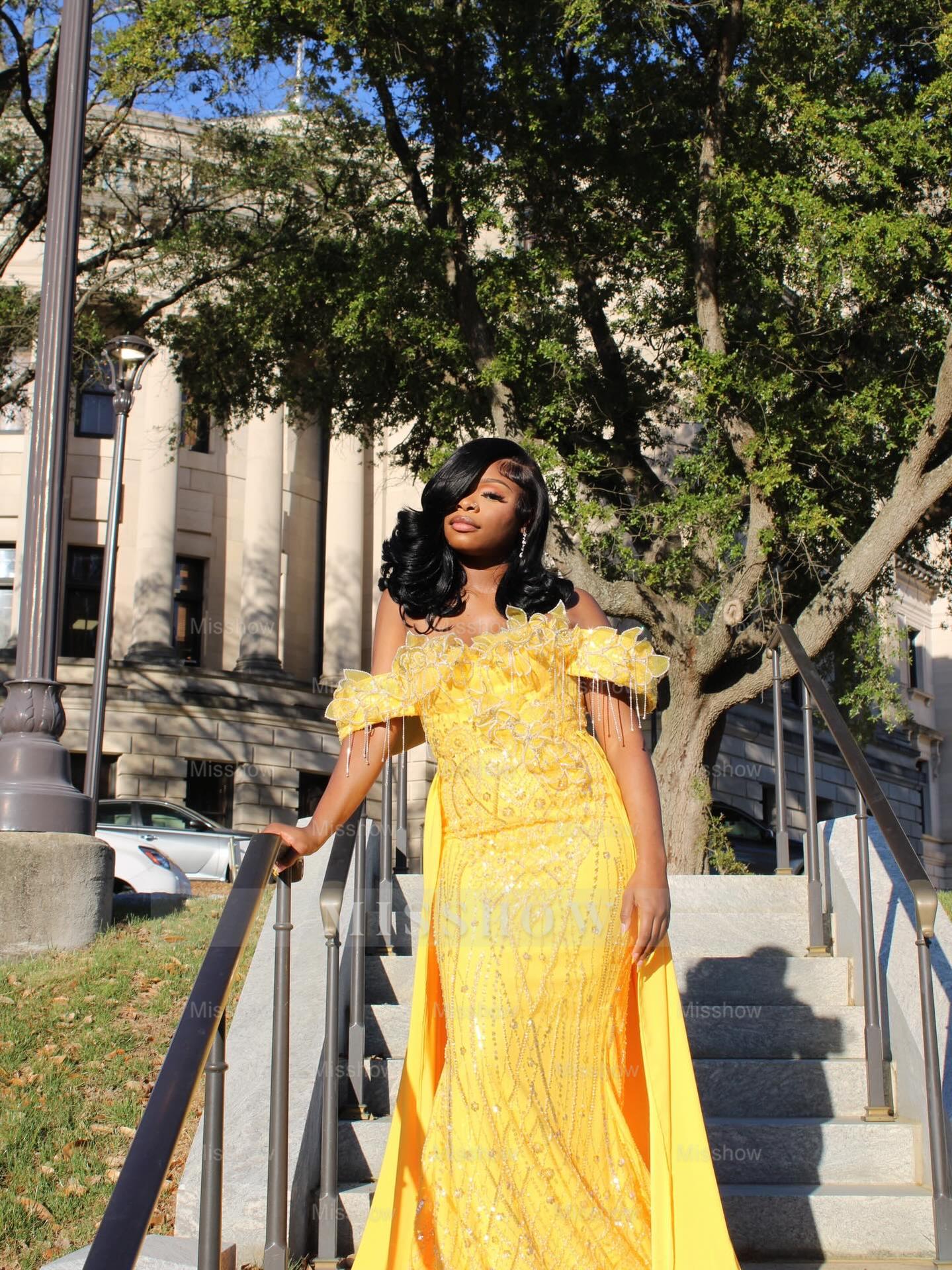 Yellow Lace Mermaid Prom Dress Off Shoulder 3D Floral Crystal Fringe Sparkly Evening Gown with Detachable Train