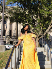 Yellow Lace Mermaid Prom Dress Off Shoulder 3D Floral Crystal Fringe Sparkly Evening Gown with Detachable Train