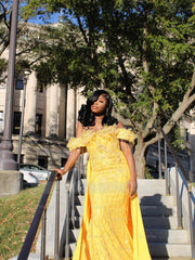 Yellow Lace Mermaid Prom Dress Off Shoulder 3D Floral Crystal Fringe Sparkly Evening Gown with Detachable Train