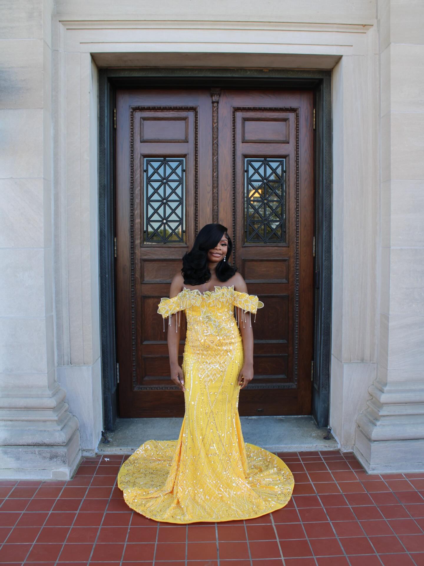 Yellow Lace Mermaid Prom Dress Off Shoulder 3D Floral Crystal Fringe Sparkly Evening Gown with Detachable Train