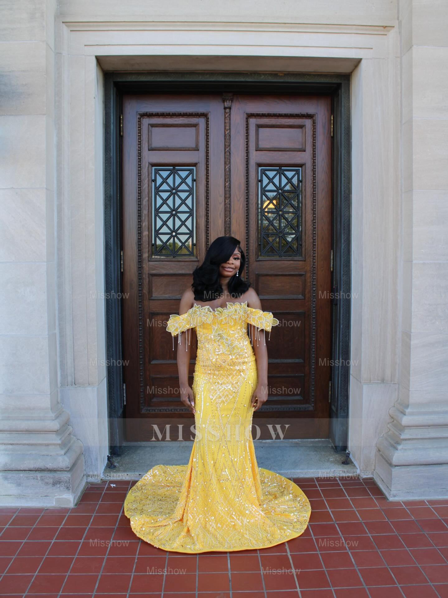 Yellow Lace Mermaid Prom Dress Off Shoulder 3D Floral Crystal Fringe Sparkly Evening Gown with Detachable Train
