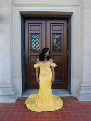 Yellow Lace Mermaid Prom Dress Off Shoulder 3D Floral Crystal Fringe Sparkly Evening Gown with Detachable Train