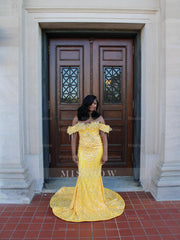 Yellow Lace Mermaid Prom Dress Off Shoulder 3D Floral Crystal Fringe Sparkly Evening Gown with Detachable Train