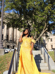 Yellow Lace Mermaid Prom Dress Off Shoulder 3D Floral Crystal Fringe Sparkly Evening Gown with Detachable Train