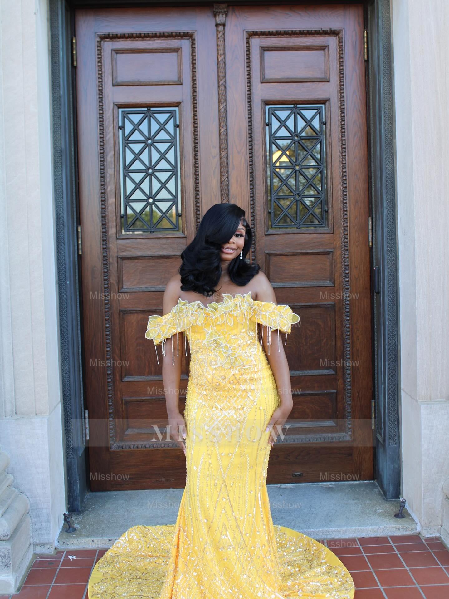 Yellow Lace Mermaid Prom Dress Off Shoulder 3D Floral Crystal Fringe Sparkly Evening Gown with Detachable Train