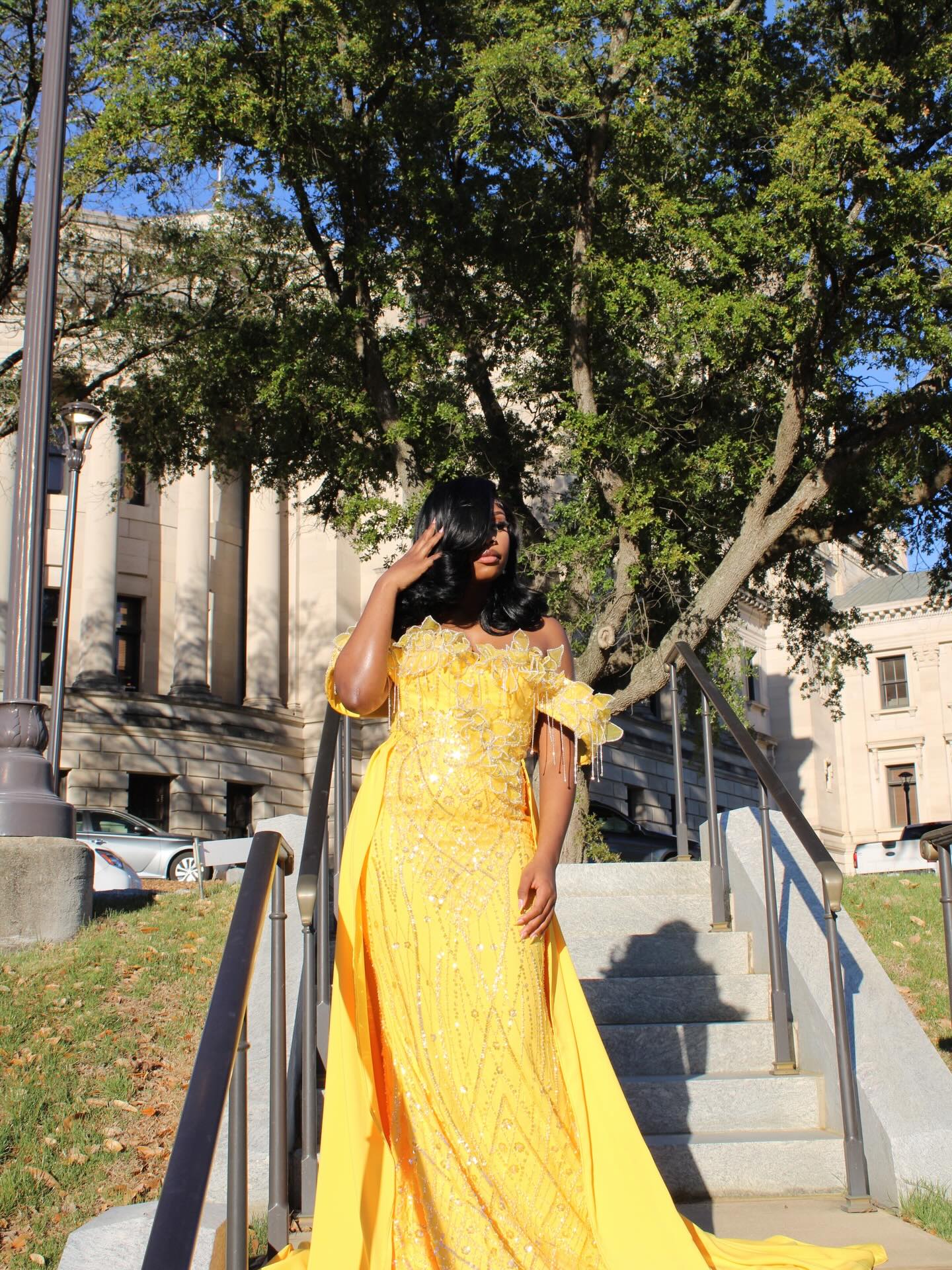 Yellow Lace Mermaid Prom Dress Off Shoulder 3D Floral Crystal Fringe Sparkly Evening Gown with Detachable Train