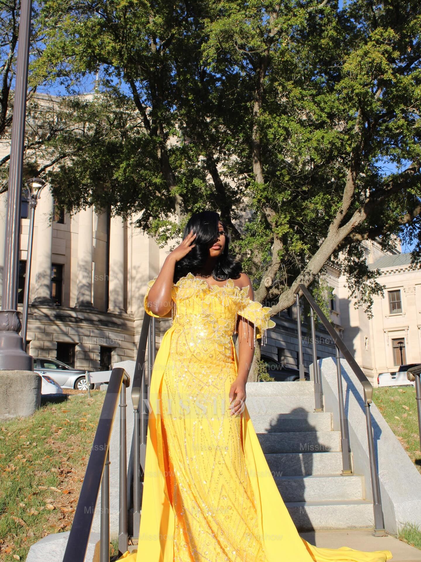Yellow Lace Mermaid Prom Dress Off Shoulder 3D Floral Crystal Fringe Sparkly Evening Gown with Detachable Train