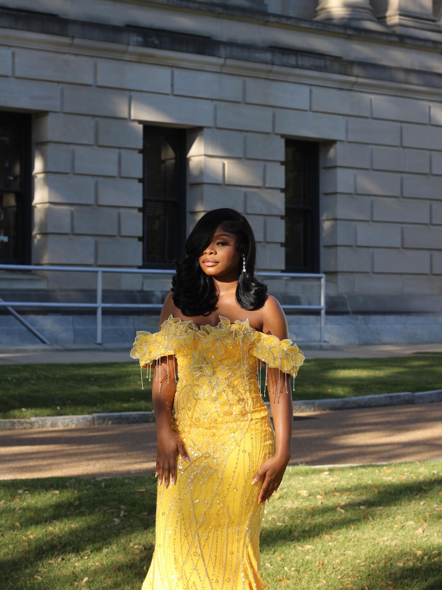 Yellow Lace Mermaid Prom Dress Off Shoulder 3D Floral Crystal Fringe Sparkly Evening Gown with Detachable Train