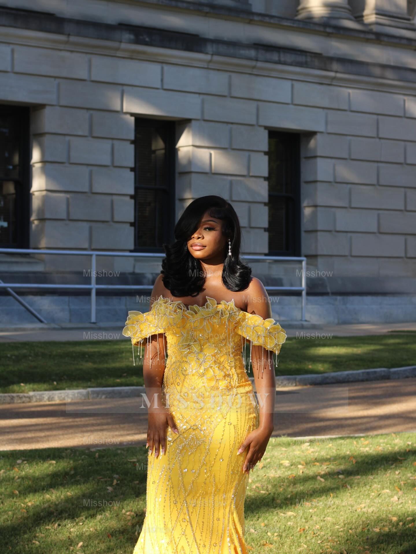 Yellow Lace Mermaid Prom Dress Off Shoulder 3D Floral Crystal Fringe Sparkly Evening Gown with Detachable Train