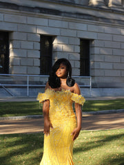 Yellow Lace Mermaid Prom Dress Off Shoulder 3D Floral Crystal Fringe Sparkly Evening Gown with Detachable Train