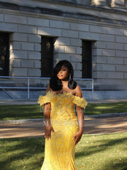 Yellow Lace Mermaid Prom Dress Off Shoulder 3D Floral Crystal Fringe Sparkly Evening Gown with Detachable Train
