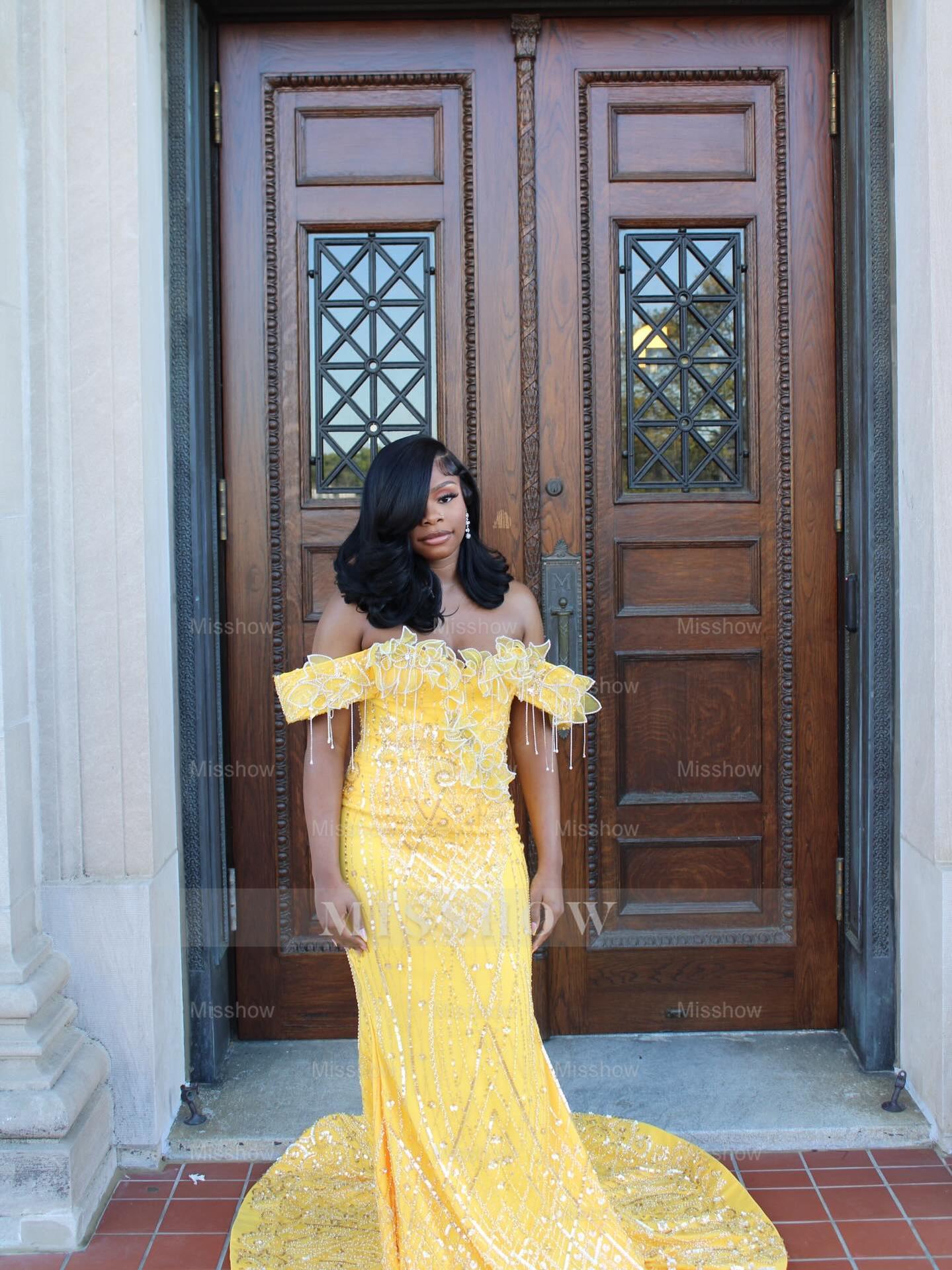 Yellow Lace Mermaid Prom Dress Off Shoulder 3D Floral Crystal Fringe Sparkly Evening Gown with Detachable Train